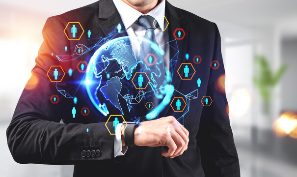 Businessman with smart watch. Earth sphere and social network, lines and circuit