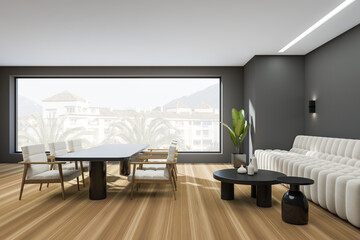 Relax room interior with chair, table and couch, coffee table and panoramic window