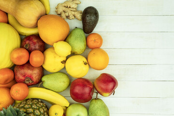 Set of fresh fruits and vegetables, top view