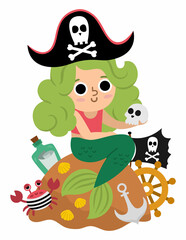 Fairy tale vector pirate mermaid with green hair sitting on a rock. Fantasy girl with sea raider accessories isolated on white background. Scary sea princess in pirate hat. Treasure island icon.