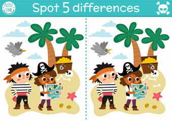 Obraz na płótnie Canvas Find differences game for children. Sea adventures educational activity with cute pirates and treasure island. Puzzle for kids with funny characters. Marine printable worksheet or page.