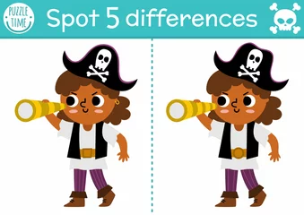 Acrylic prints Find differences game for children. Sea adventures educational activity with cute pirate girl with telescope. Puzzle for kids with funny character. Marine printable worksheet or page.