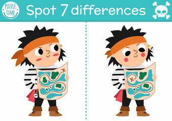 Find differences game for children. Sea adventures educational activity with cute pirate boy with map. Puzzle for kids with funny character. Marine printable worksheet or page.