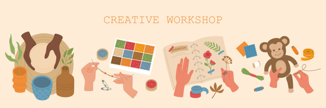 Set of various types handmade crafts for kids. Pottery, embroidery, sewing, making a herbarium. Colorful vector illustration isolated on light background. Hand drawn in modern flat cartoon style.