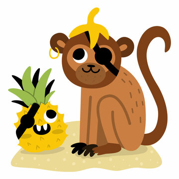 Vector pirate monkey with smiling pineapple. Cute one eye animal and fruit illustration. Treasure island hunter with banana skin. Funny pirate party scene for kids. Tropic ape picture with eye patch.