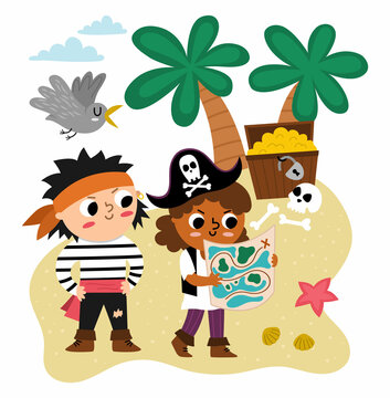 Vector pirate kids with map looking for treasure chest. Cute treasure hunt scene with children. Tropical island hunters illustration. Funny pirate party element for kids isolated on white background.