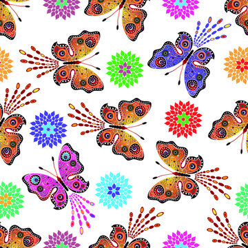 Seamless pattern with colorful butterflies and flowers on a transparent background. Vector image eps 10