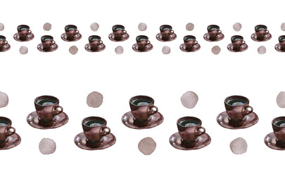 Seamless border of brown coffee cups with saucers and purple polka dot. Watercolor illustration. For scrapbooking, cards, invitations, stationery and packaging design