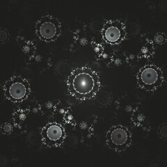Delicate grey glowing fractal figures on a grey background. 3d.