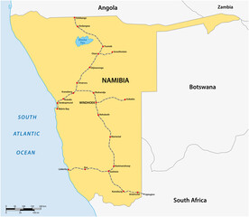 Route network map and train stations in Namibia