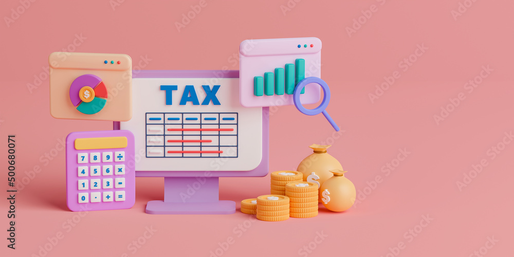 Poster 3d rendering concept online tax filing and tax return calculation illustration with copy space for t