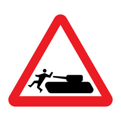 Tanks warning sign. Vector illustration of red triangle sign with tank hitting man icon inside. Vehicle crash accident symbol. Risk of running over people. War crime concept.