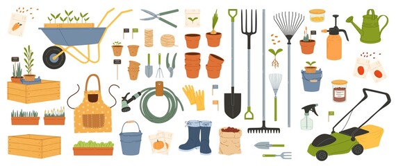 Farmer and gardening tools, agriculture farming equipment, vector icons. Garden shovel and rake with watering can and wheelbarrow, lawn mower with pruner and spade or gardening secateurs and hoe - obrazy, fototapety, plakaty