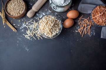 Bowl of traditional Turkish noodle (raw) eriste with eggs