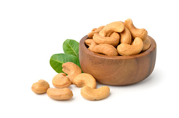Roasted cashew nuts in wooden bowl isolated on white background.