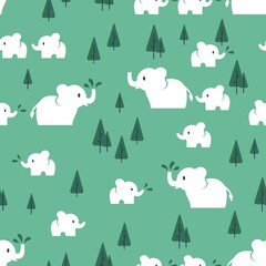 Animal Themes Seamless Pattern with Elephants in Forest Vector Art