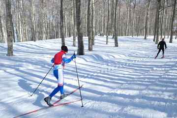 couple enjoy cross country skiing in snowy landscape, Mount Amiata, Tuscany, Italy