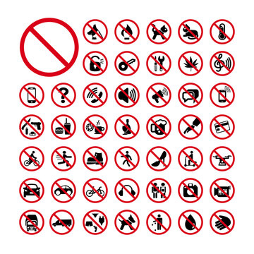 Red prohibition signs set. Forbidden signs vector collection,