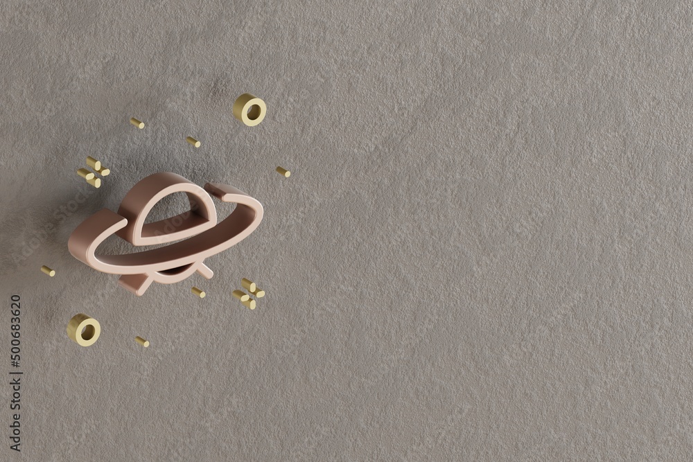Poster Beautiful abstract illustrations Golden Ufo and start symbol icons on a gray wall background. 3d rendering illustration. Background pattern for design. Space exploration