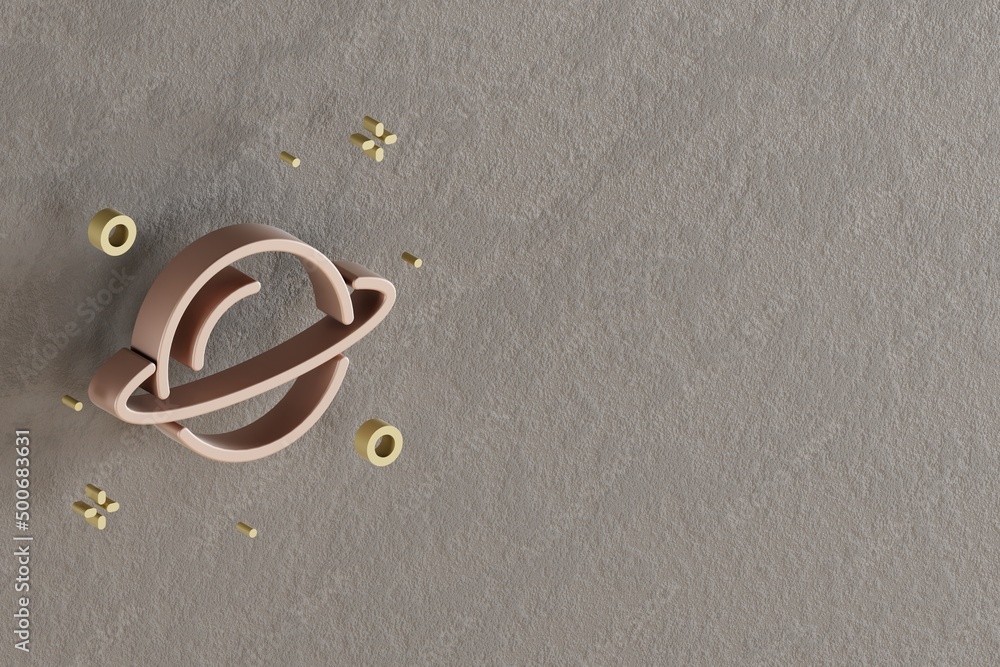 Poster Beautiful abstract illustrations Golden Saturn and start symbol icons on a gray wall background. 3d rendering illustration. Background pattern for design. Space exploration
