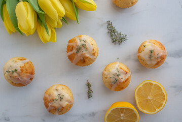 sweet home made vanilla lemon muffins with thyme