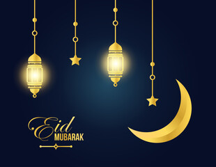 Golden Eid Mubarak Banner and Poster Template With Illuminated Lanterns and Crescent Star Decoration. Islamic Holiday Greeting Card