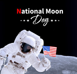 Astronaut with USA flag . National Moon Day .Elements of this image furnished by NASA.
