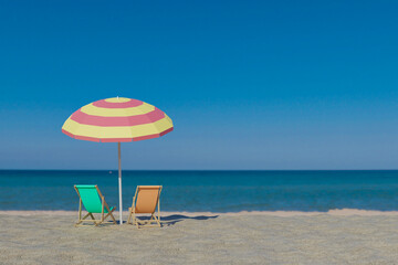 3d rendering Summer sea beach scene with sunbed and umbrella