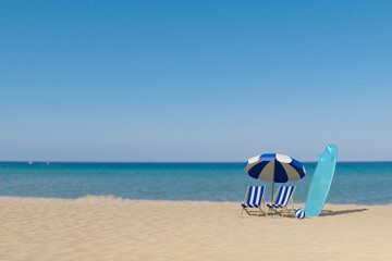 3d Summer sea beach scene canvas bed and umbrella rendering