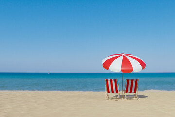 3d rendering Summer sea beach scene with sunbed and umbrella