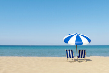 3d rendering Summer sea beach scene with sunbed and umbrella
