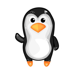 Penguin isolated on white background.Cute baby penguin standing and waving hand.Cartoon penguin icon.Lovely antarctic animal character sticker.Christmas bird and cold winter symbol.Vector illustration