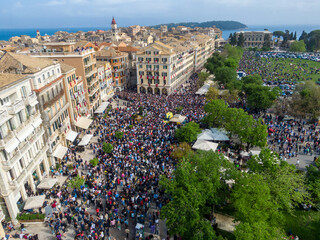 Aerial view of corfu Celebration of Orthodox Easter with the Traditional Practice of Throwing Pots at Great Saturday - obrazy, fototapety, plakaty