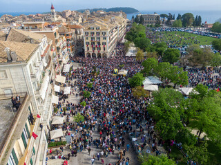 Aerial view of corfu Celebration of Orthodox Easter with the Traditional Practice of Throwing Pots at Great Saturday