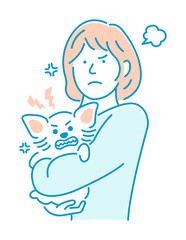 Illustration of a woman holding a dog | angry, frustrated