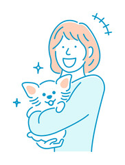 Illustration of a woman holding a dog | glad, laughing