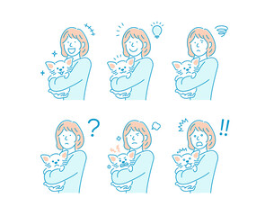 Illustration of a woman holding a dog | Emotional expression variation set