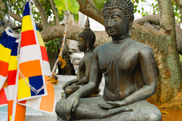 Bronze Buddha statues with buddhist flags and sacred bo tree in background