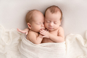 Tiny newborn twins boys in white cocoons on a white background. A newborn twin sleeps next to his...