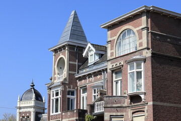 Amsterdam Roemer Visscherstraat Brick House Exterior Close Up with Blue Sky, Netherlands