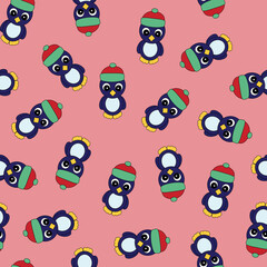 Colorful Seamless Pattern with Christmas Penguin in a Hat. Digital Paper with Penguin on Pink background.