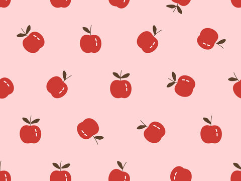Seamless pattern with red apple with green leaves on pink background vector illustration. Cute fruit print.