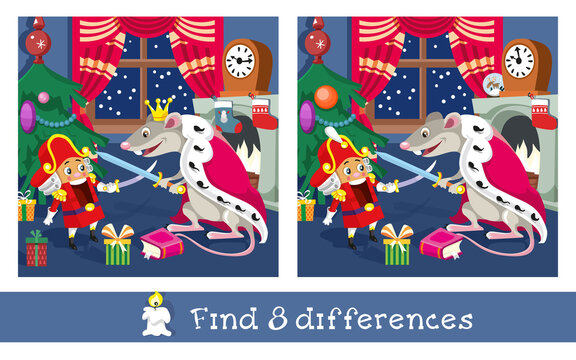 Find 8 differences. Game for children. Nutcracker and Mouse King at Christmas night. Cartoon character. Vector illustration.