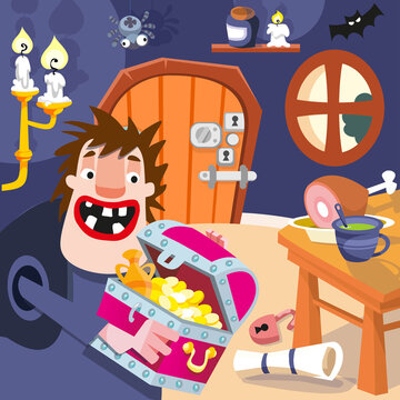 Funny giant with chest and gold. Character of children fairy tale. Cartoon man in room. Picture for puzzle, design book, game. Vector full color illustration.