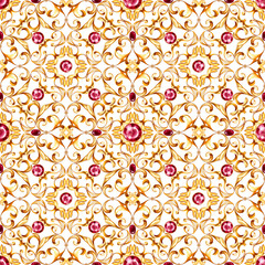 Seamless baroque pattern with decorative golden leaves and gems.