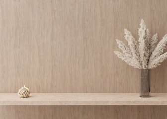 Empty wooden wall. Mock up interior in contemporary style. Close up view. Free, copy space for your picture or other small object. Shelve, pampas grass in vase, candle. 3D rendering.