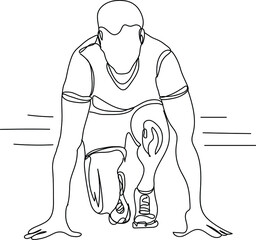 Outline sketch drawing of racing man taking first start before race competition, line art vector illustration silhouette of athlete runner