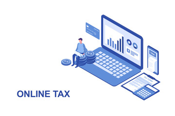 Online tax filing concept, businessman filling tax form documents online vector illustration 
