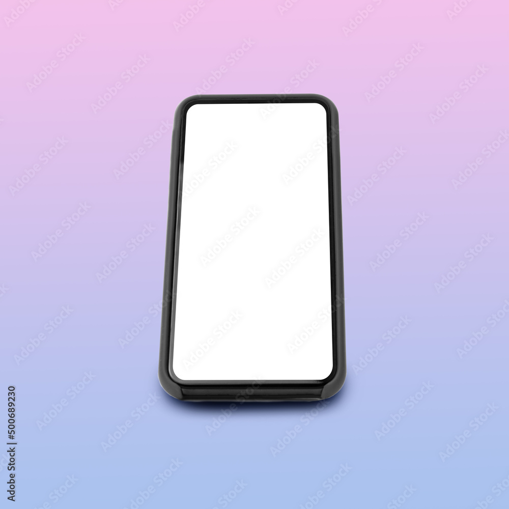 Poster square shot of cellphone with blank screen over neon background