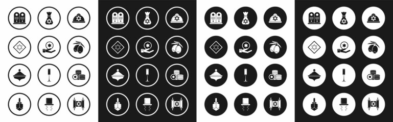 Set Jewish kippah with star of david, coin on hand, Star David, Tombstone, Olives branch, money bag, and Hanukkah dreidel icon. Vector